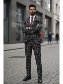 Costum barbati slim fit negru in carouri B7916 124